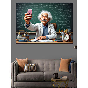 Selfie Çeken Karikatür Einstein Dekoratif Kanvas - Mdf Ahşap Tablo 35x50 cm