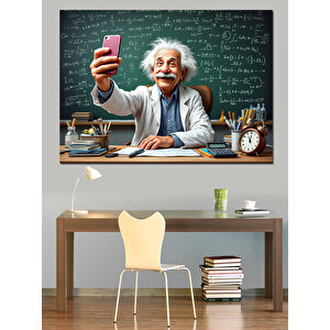 Selfie Çeken Karikatür Einstein Dekoratif Kanvas - Mdf Ahşap Tablo 35x50 cm