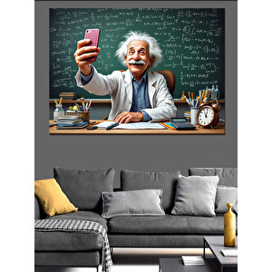 Selfie Çeken Karikatür Einstein Dekoratif Kanvas - Mdf Ahşap Tablo