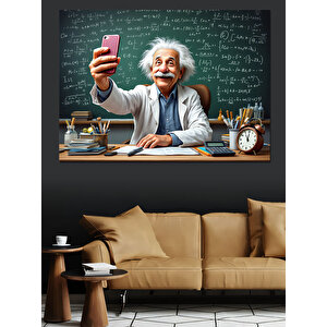Selfie Çeken Karikatür Einstein Dekoratif Kanvas - Mdf Ahşap Tablo