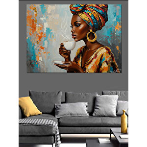 Fincan Tutan Renkli Kadın Dekoratif Kanvas - Mdf Ahşap Tablo 35x50 cm
