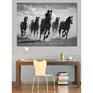 Siyah Beyaz Koşan Atlar Dekoratif Kanvas - Mdf Ahşap Tablo 70x100 cm