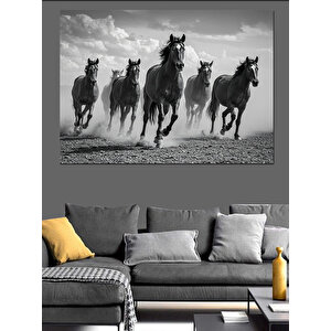 Siyah Beyaz Koşan Atlar Dekoratif Kanvas - Mdf Ahşap Tablo 70x100 cm