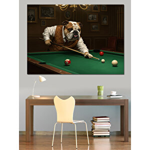 Bilardo Masasında Bulldog Keyfi Dekoratif Kanvas - Mdf Ahşap Tablo 35x50 cm