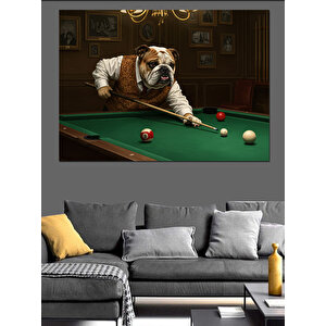 Bilardo Masasında Bulldog Keyfi Dekoratif Kanvas - Mdf Ahşap Tablo 35x50 cm