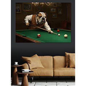 Bilardo Masasında Bulldog Keyfi Dekoratif Kanvas - Mdf Ahşap Tablo 35x50 cm