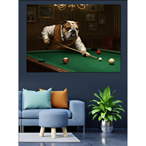 Bilardo Masasında Bulldog Keyfi Dekoratif Kanvas - Mdf Ahşap Tablo