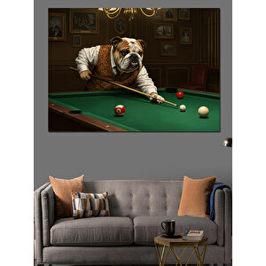 Bilardo Masasında Bulldog Keyfi Dekoratif Kanvas - Mdf Ahşap Tablo