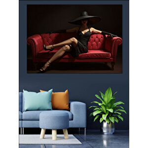 Kırmızı Kanepede Şapkalı Kadın Dekoratif Kanvas - Mdf Ahşap Tablo 35x50 cm