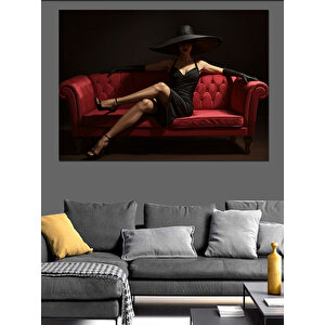 Kırmızı Kanepede Şapkalı Kadın Dekoratif Kanvas - Mdf Ahşap Tablo