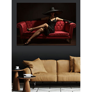 Kırmızı Kanepede Şapkalı Kadın Dekoratif Kanvas - Mdf Ahşap Tablo