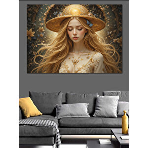 Sarı Şapkalı Uzun Saçlı Kadın Dekoratif Kanvas - Mdf Ahşap Tablo 100x140 cm