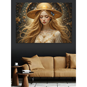 Sarı Şapkalı Uzun Saçlı Kadın Dekoratif Kanvas - Mdf Ahşap Tablo 100x140 cm