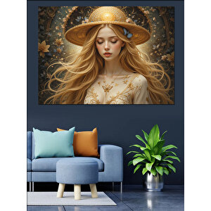 Sarı Şapkalı Uzun Saçlı Kadın Dekoratif Kanvas - Mdf Ahşap Tablo 100x140 cm