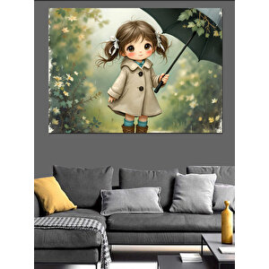Şemsiye Tutan Sevimli Kız Dekoratif Kanvas - Mdf Ahşap Tablo 35x50 cm