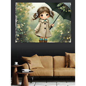 Şemsiye Tutan Sevimli Kız Dekoratif Kanvas - Mdf Ahşap Tablo 35x50 cm