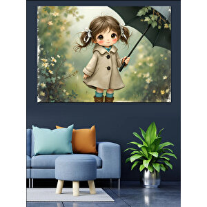Şemsiye Tutan Sevimli Kız Dekoratif Kanvas - Mdf Ahşap Tablo 35x50 cm