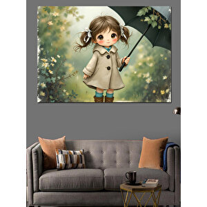 Şemsiye Tutan Sevimli Kız Dekoratif Kanvas - Mdf Ahşap Tablo