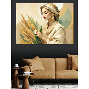 Tarla Kadını Buğday Tutan Dekoratif Kanvas - Mdf Ahşap Tablo