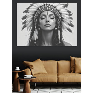 Siyah Beyaz Kızılderili Kadın Dekoratif Kanvas - Mdf Ahşap Tablo 100x140 cm
