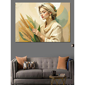 Tarla Kadını Buğday Tutan Dekoratif Kanvas - Mdf Ahşap Tablo 100x140 cm