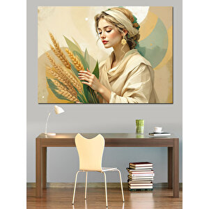 Tarla Kadını Buğday Tutan Dekoratif Kanvas - Mdf Ahşap Tablo 100x140 cm