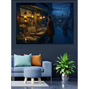 Gece Kitapçısında Yalnız Adam Dekoratif Kanvas - Mdf Ahşap Tablo 100x140 cm