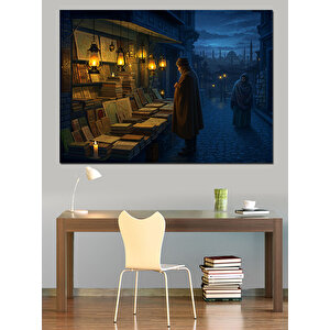 Gece Kitapçısında Yalnız Adam Dekoratif Kanvas - Mdf Ahşap Tablo 100x140 cm