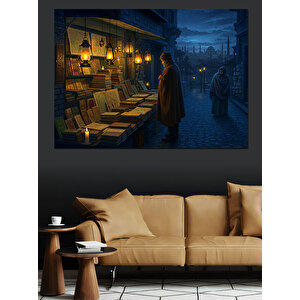 Gece Kitapçısında Yalnız Adam Dekoratif Kanvas - Mdf Ahşap Tablo