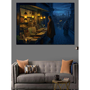 Gece Kitapçısında Yalnız Adam Dekoratif Kanvas - Mdf Ahşap Tablo 25x35 cm