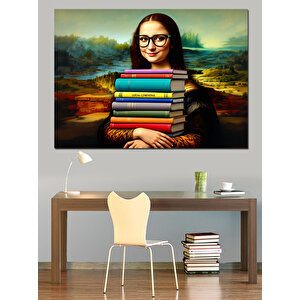 Kitap Taşıyan Mono Lisa Dekoratif Kanvas - Mdf Ahşap Tablo 35x50 cm