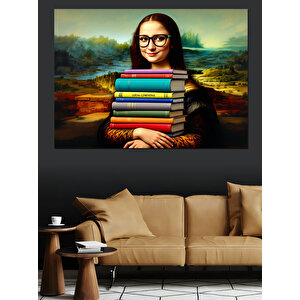 Kitap Taşıyan Mono Lisa Dekoratif Kanvas - Mdf Ahşap Tablo