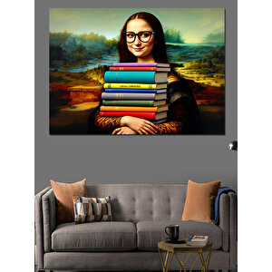 Kitap Taşıyan Mono Lisa Dekoratif Kanvas - Mdf Ahşap Tablo 50x70 cm