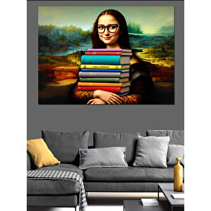 Kitap Taşıyan Mono Lisa Dekoratif Kanvas - Mdf Ahşap Tablo 50x70 cm