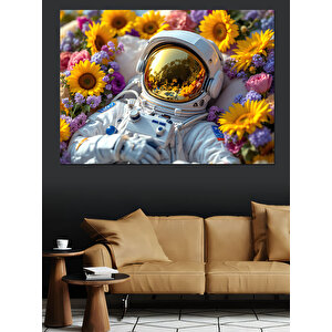 Ayçiçekli Uzay Astronot Kafası Dekoratif Kanvas - Mdf Ahşap Tablo 100x140 cm