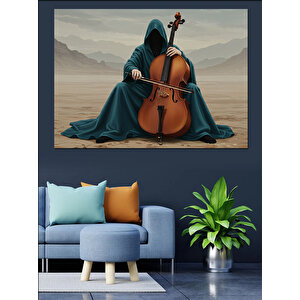 Çölde Çello Çalan Kadın Dekoratif Kanvas - Mdf Ahşap Tablo 35x50 cm