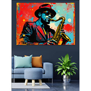 Saksafon Çalan Jazz Müzisyeni Dekoratif Kanvas - Mdf Ahşap Tablo 35x50 cm