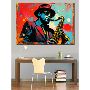 Saksafon Çalan Jazz Müzisyeni Dekoratif Kanvas - Mdf Ahşap Tablo 35x50 cm