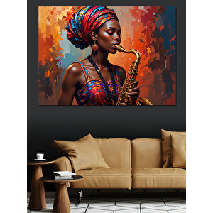 Saksafon Çalan Afrikalı Kadın Dekoratif Kanvas - Mdf Ahşap Tablo 35x50 cm