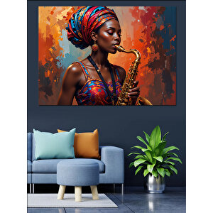 Saksafon Çalan Afrikalı Kadın Dekoratif Kanvas - Mdf Ahşap Tablo 35x50 cm
