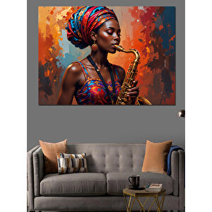 Saksafon Çalan Afrikalı Kadın Dekoratif Kanvas - Mdf Ahşap Tablo 35x50 cm