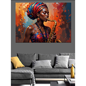 Saksafon Çalan Afrikalı Kadın Dekoratif Kanvas - Mdf Ahşap Tablo