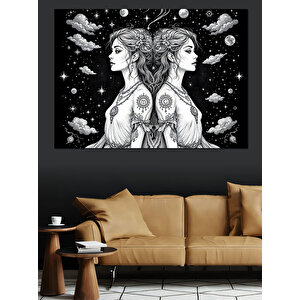 Siyah Beyaz İkizler Burcu Dekoratif Kanvas - Mdf Ahşap Tablo 25x35 cm