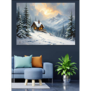 Karlı Dağlarda Ahşap Kulübe Dekoratif Kanvas - Mdf Ahşap Tablo 50x70 cm