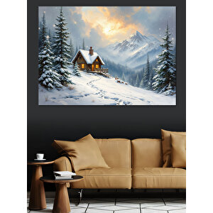 Karlı Dağlarda Ahşap Kulübe Dekoratif Kanvas - Mdf Ahşap Tablo 25x35 cm