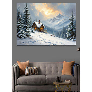 Karlı Dağlarda Ahşap Kulübe Dekoratif Kanvas - Mdf Ahşap Tablo 25x35 cm