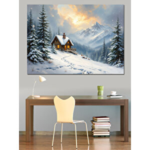 Karlı Dağlarda Ahşap Kulübe Dekoratif Kanvas - Mdf Ahşap Tablo