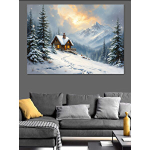 Karlı Dağlarda Ahşap Kulübe Dekoratif Kanvas - Mdf Ahşap Tablo