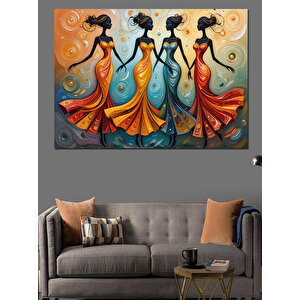 Renkli Elbiseli Üç Kadın Dekoratif Kanvas - Mdf Ahşap Tablo 70x100 cm