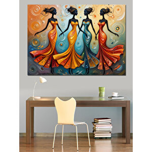 Renkli Elbiseli Üç Kadın Dekoratif Kanvas - Mdf Ahşap Tablo 70x100 cm